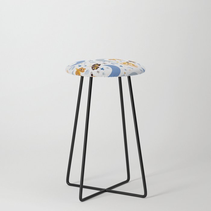 Moths and Moons - Blue & Yellow Counter Stool