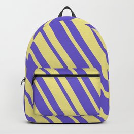 [ Thumbnail: Tan and Slate Blue Colored Lined/Striped Pattern Backpack ]
