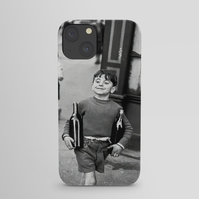 Little Boy and Bottles of Wine, Black and White Vintage Art iPhone Case