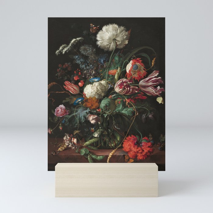 Still Life Parrot Tulips, Peonies, Hibiscus, Hydranga, Periwinkle Flowers in Vase by Jan de Heem Mini Art Print