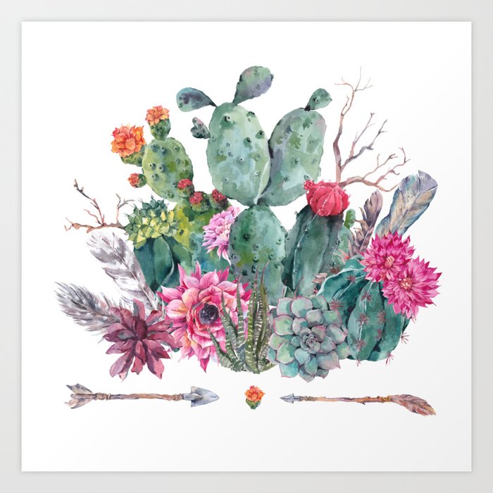 Watercolor Cactus Succulent Flowers Twigs Feathers Art Print