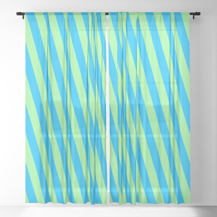 Deep Sky Blue and Green Colored Striped/Lined Pattern Sheer Curtain