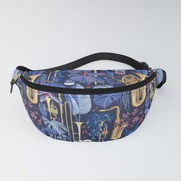 Music to my eyes // oxford navy blue background gold textured musical instruments blue indoor plants coral music notes Fanny Pack