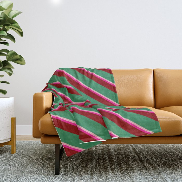 Light Pink, Deep Pink, Dark Red & Sea Green Colored Striped Pattern Throw Blanket