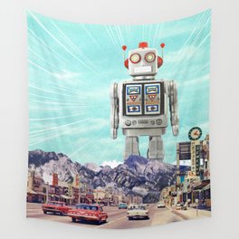 Robot in Town Wall Tapestry
