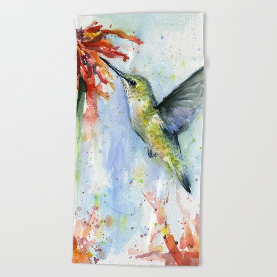 Hummingbird Red Flower Watercolor Bird Beach Towel
