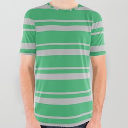 [ Thumbnail: Grey & Sea Green Colored Lined/Striped Pattern All Over Graphic Tee ]