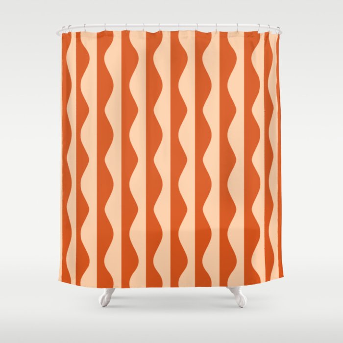 Retro Wavy Lines Pattern in Burnt Orange & Peach Shower Curtain