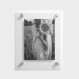 Sunflower; still life portrait young woman holding sunflower in harvest field floral blossom black and white photograph - photography - photographs Floating Acrylic Print