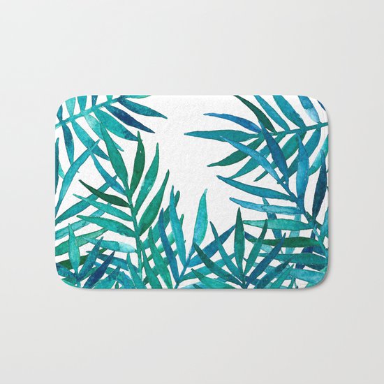 Watercolor Palm Leaves on White Bath Mat