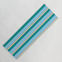 [ Thumbnail: Coral, Beige, Dark Cyan & Sky Blue Colored Stripes Pattern Yoga Mat ]