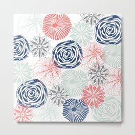 Floral Pattern in Coral Red, Navy Blue and Aqua Metal Print | Floral, Gray, Aqua, Turquoise, Graphicdesign, Watercolor, Stylized, Navyblue, Pattern, Coralred 