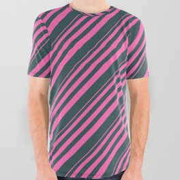 [ Thumbnail: Hot Pink and Dark Slate Gray Colored Stripes Pattern All Over Graphic Tee ]