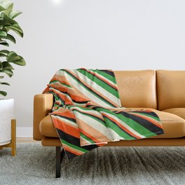 [ Thumbnail: Vibrant Forest Green, Beige, Brown, Red & Black Colored Lines Pattern Throw Blanket ]
