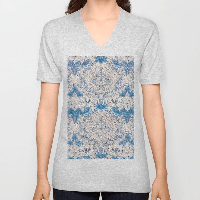 William Morris blue honeysuckle tropical floral textile 19th century pattern print for duvet, pillow, curtain, shower curtain, bathroom, prints and home and wall decor V Neck T Shirt