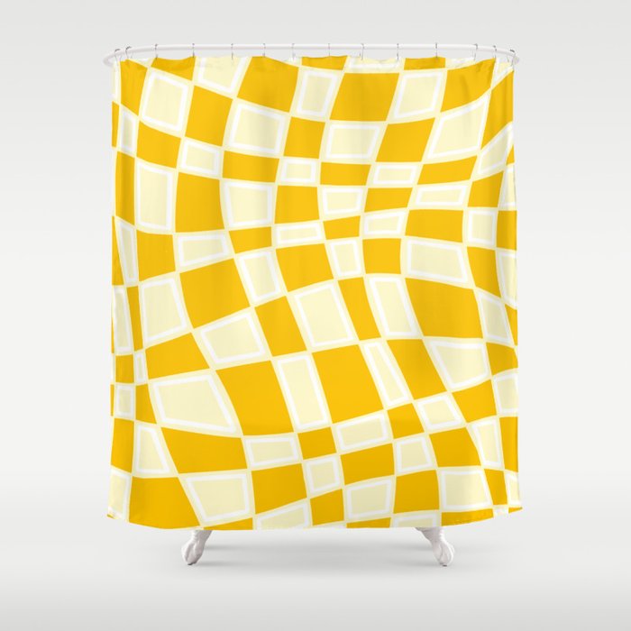 Abstract Retro Swirl Curvy Checkerboard Square Pattern Design // Yellow Mustard Colors Shower Curtain