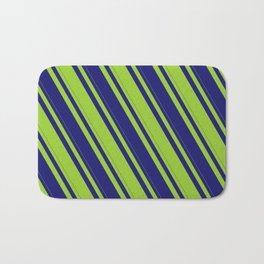 [ Thumbnail: Midnight Blue & Green Colored Lines Pattern Bath Mat ]