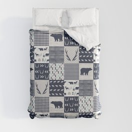 Camper antlers bears pattern minimal nursery basic navy mint grey white camping cabin chalet decor Duvet Cover