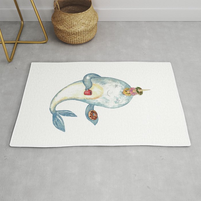 Narwhal whale with dohnut watercolor painting  Rug