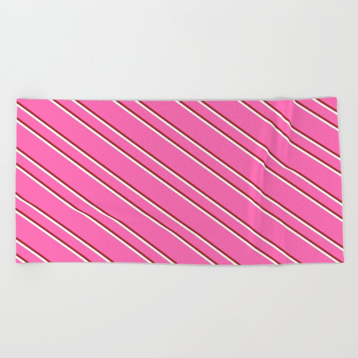 Hot Pink, Brown, and Mint Cream Colored Striped Pattern Beach Towel