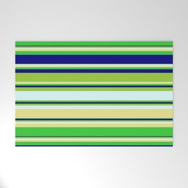 [ Thumbnail: Vibrant Green, Light Cyan, Tan, Lime Green & Blue Colored Stripes/Lines Pattern Welcome Mat ]