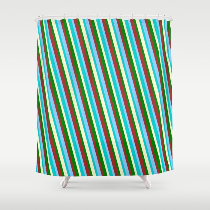 Colorful Brown, Light Sky Blue, Dark Turquoise, Light Yellow & Green Colored Lined/Striped Pattern Shower Curtain