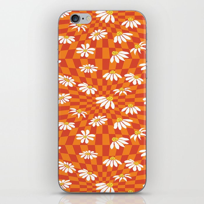 Orange Warped Checkered Retro Smile Daisy Pattern iPhone Skin