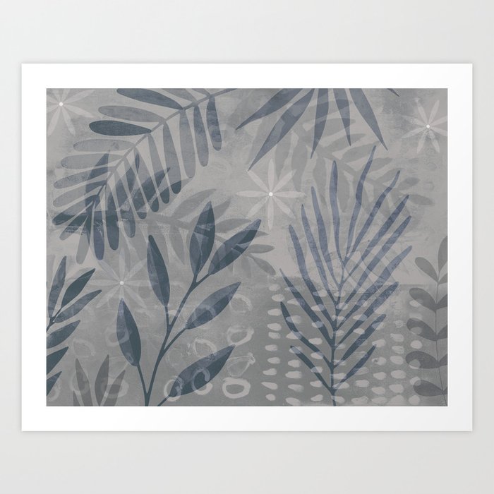 Palm Leaf Collage Mix Blue Grey Art Print