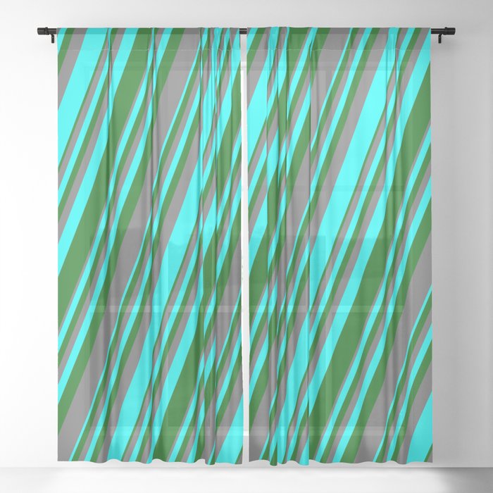 Aqua, Dark Green & Dim Grey Colored Lines/Stripes Pattern Sheer Curtain