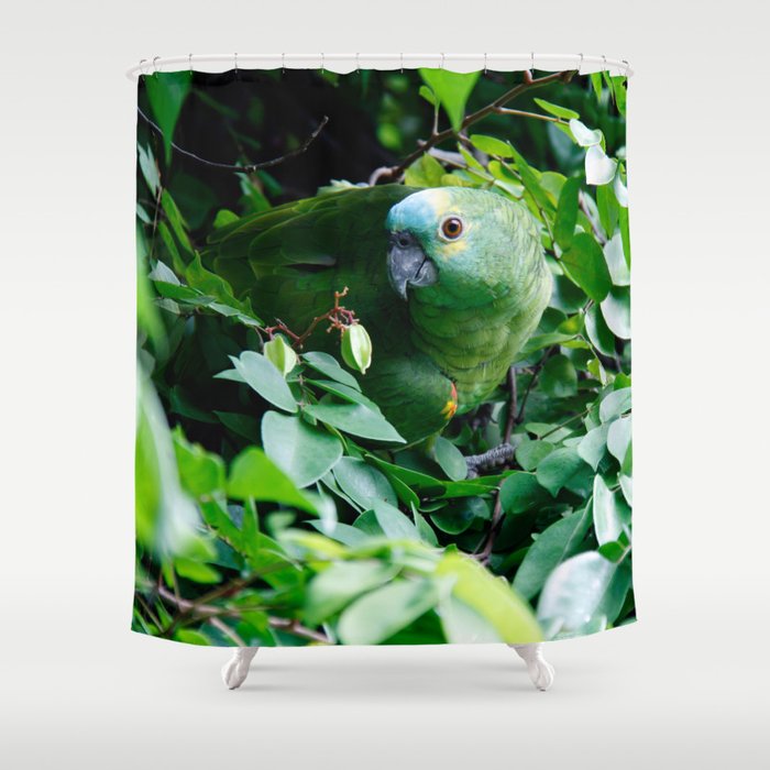 Brazil Photography - Green Parrot Camouflaged In The Green Leaves Shower Curtain