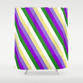 [ Thumbnail: Colorful Tan, Purple, Dark Violet, Forest Green, and White Colored Stripes/Lines Pattern Shower Curtain ]