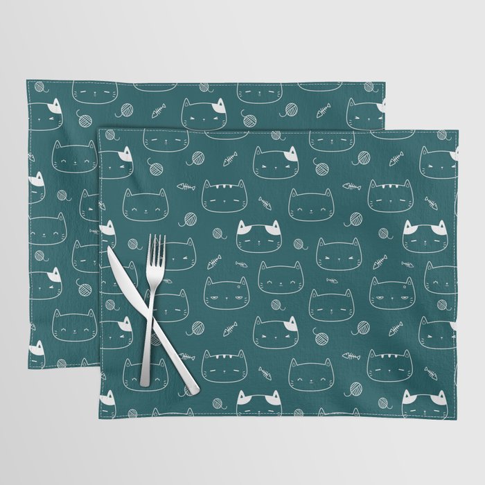 Teal Blue and White Doodle Kitten Faces Pattern Placemat