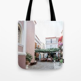 Greek Street in Skiathos | Picturesque Cobblestone Alley in Greece | Pastel coloured Travel Photo Wall Art Print with White and Pink Walls Tote Bag