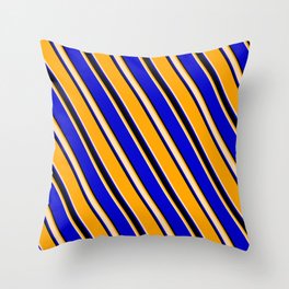 [ Thumbnail: Orange, Tan, Blue, and Black Colored Striped Pattern Throw Pillow ]