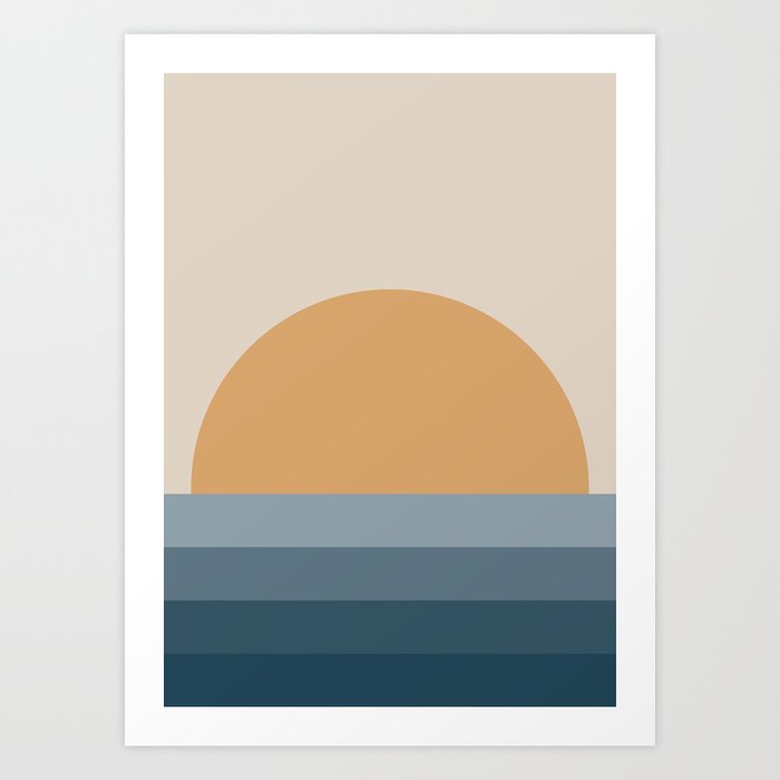 Minimal Retro Sunset / Sunrise - Ocean Blue Art Print