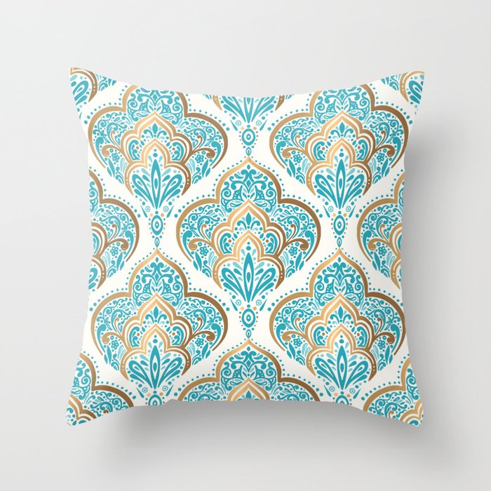 Turquoise Golden Moroccan Baroque Pattern II Throw Pillow