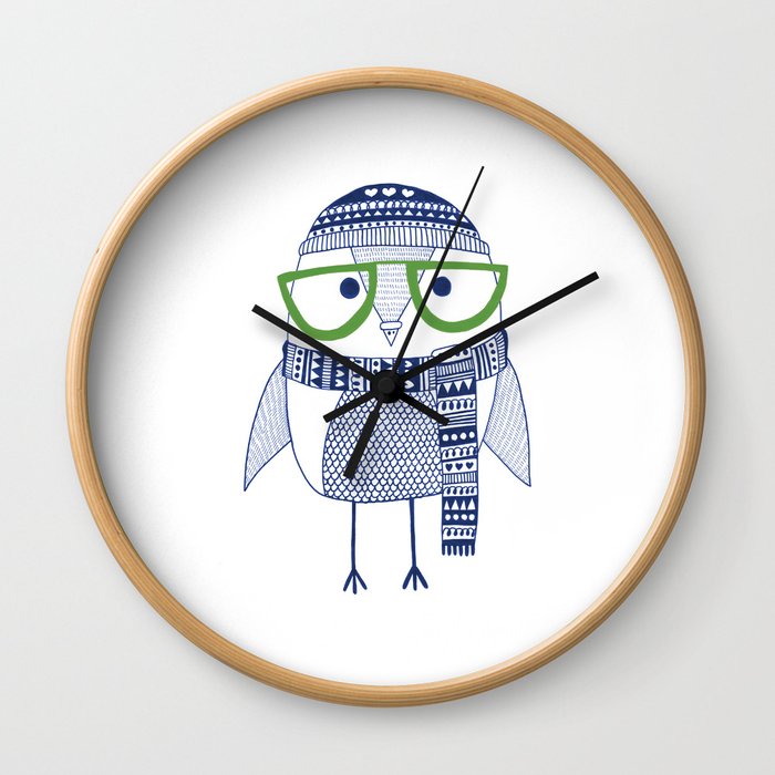 Hipster owl - green glasses Wall Clock