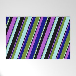 [ Thumbnail: Eyecatching Orchid, Dark Blue, Green, Turquoise, and Black Colored Stripes/Lines Pattern Welcome Mat ]