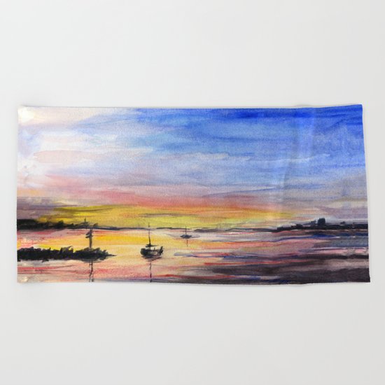 Sunset Watercolor Painting Landscape Art Beach Towel