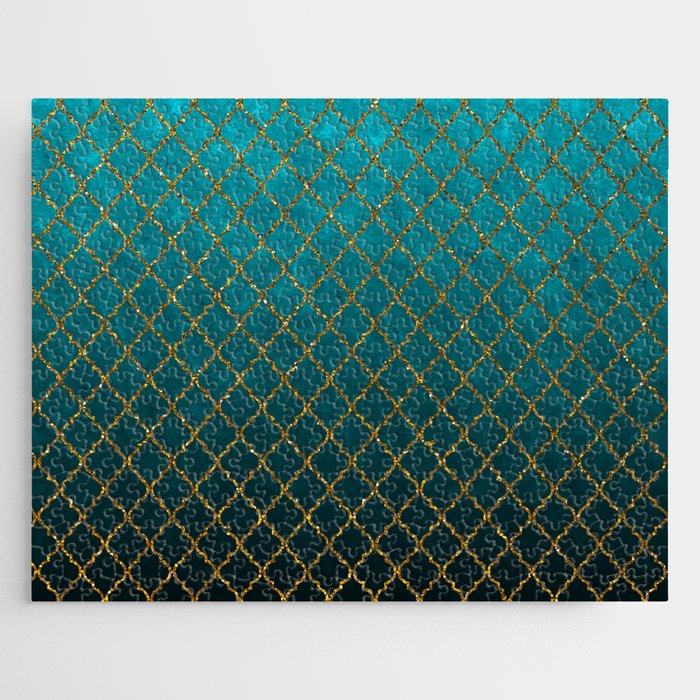 Turquoise gold glitter gradient quatrefoil pattern Jigsaw Puzzle