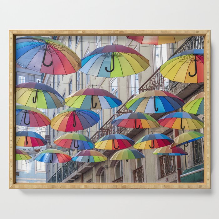 Umbrellas in Lisbon, Portugal art print- bright cheerful summer - street and travel photography Serving Tray