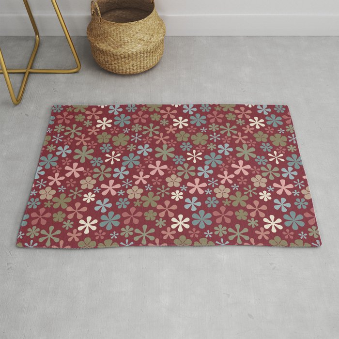 deep red and pink floral eclectic daisy print ditsy florets Rug