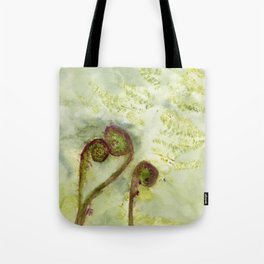 Fiddle-Footed, Watercolor Fiddleheads Monoprinted Fern Tote Bag
