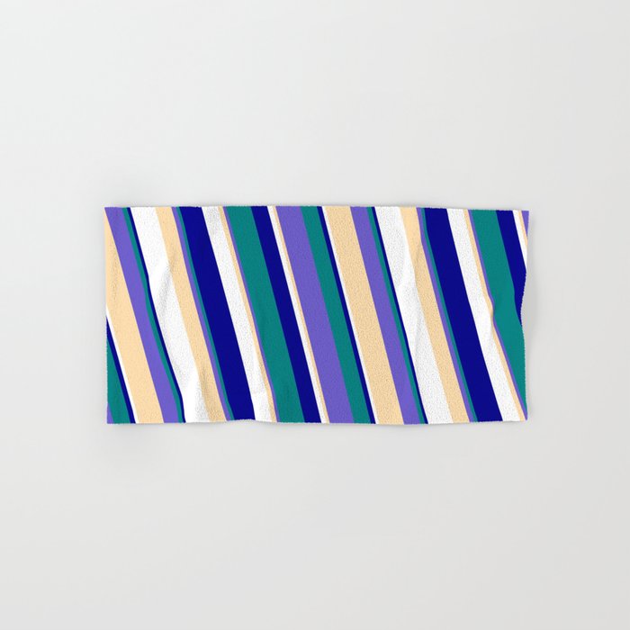 Eyecatching Teal, Slate Blue, Tan, White, and Dark Blue Colored Stripes Pattern Hand & Bath Towel