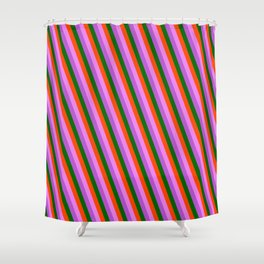 [ Thumbnail: Red, Violet, Orchid & Dark Green Colored Lined/Striped Pattern Shower Curtain ]