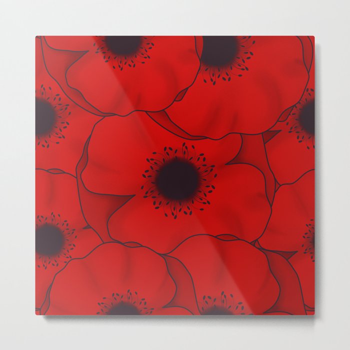 red flowers with black poppies pattern Metal Print