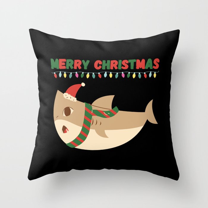Merry Christmas shark with hat and red and green scarf Throw Pillow