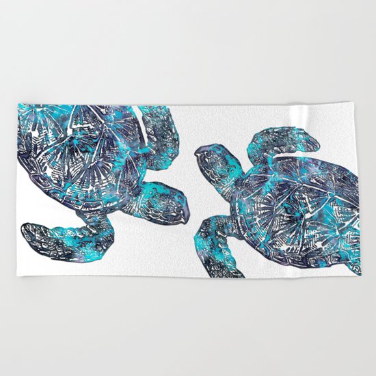 Sea Turtle Blue Watercolor Art Beach Towel