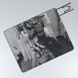 Arsenic and Old Lace; Woman with stockings and garder belt black and white photography - photograph Picnic Blanket