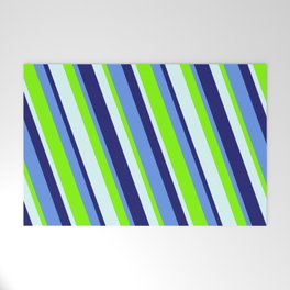 [ Thumbnail: Cornflower Blue, Chartreuse, Light Cyan, and Midnight Blue Colored Lined Pattern Welcome Mat ]